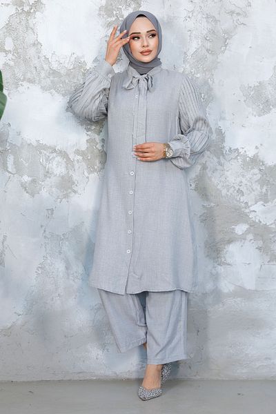 Neva Style طقم حجاب مزدوج باللون الرمادي مع أذرع مطوية 51991GR