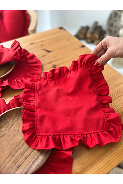 KaiHome 4lü Lovely Keten Kumaş Fırfırlı Kırmızı Peçete