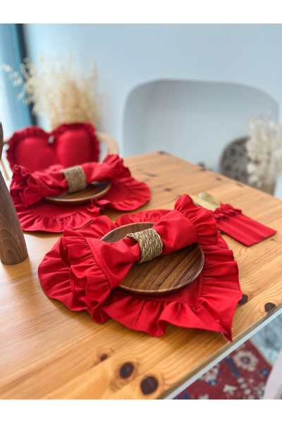 KaiHome 4lü Lovely Keten Kumaş Fırfırlı Kırmızı Peçete