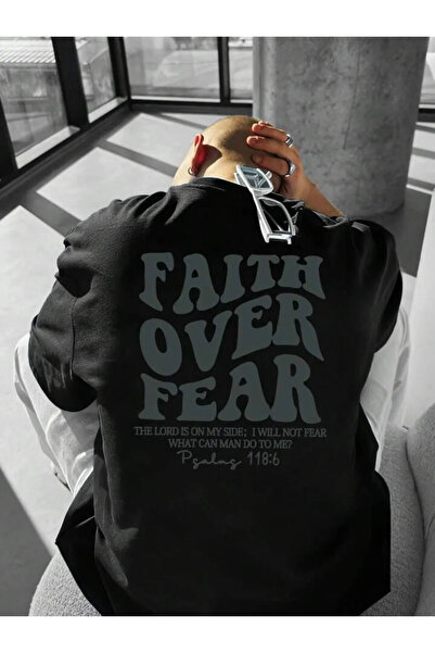 npLStore تي شيرت مطبوع عليه Faith Over Fear للجنسين مصنوع من القطن بنسبة 100%