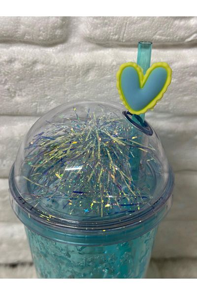 Zizu Colorful Mica Lighted Double Layer Glass Water Bottle with Straw 500 ml