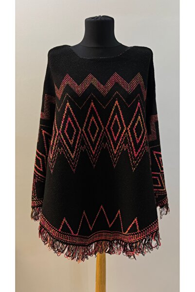 İVESA Etnik Desen Detaylı Püsküllü Triko Panço