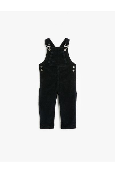 Koton Cotton Square Collar Jumpsuit - Corduroy Salopet with Ribbed Pocket Detail