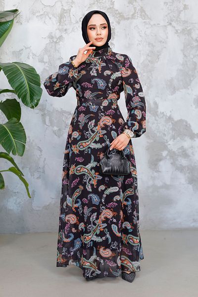Neva Style Floral Print Black Orange Hijab Dress 52681St