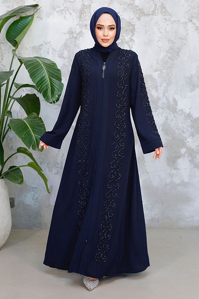 Neva Style Χάντρες Κεντημένο Navy Blue Hijab Ferace 29123L