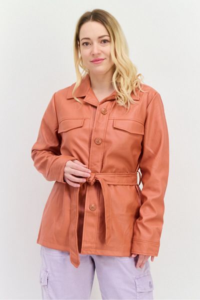 Threadbare Women Faux Leather Belted Jacket Shirt, Rust