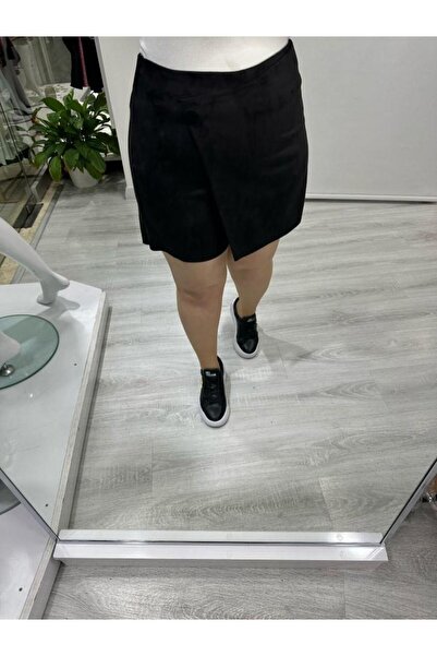 SBUTİK Siyah Süet Şort Etek Düğme Detaylı stp 25k5019