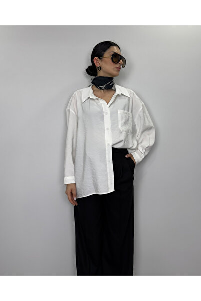 deqfashion Beyaz Modal Kumaş Oversize Salaş Gömlek