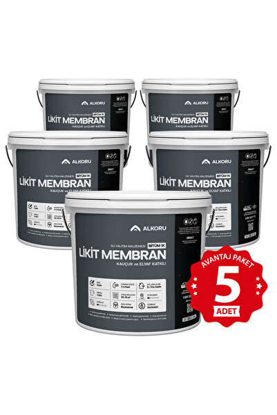 ALKORU 5 Adet 13 KG Bitüm 1K Likit Membran Kauçuk ve Elyaf Katkılı Sıvı Su Ya...