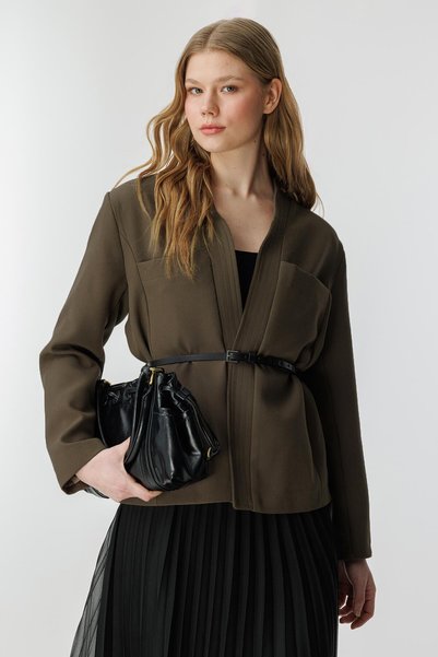 Hooopstore Andera Dark Khaki Jacket with Leather Belt Detail