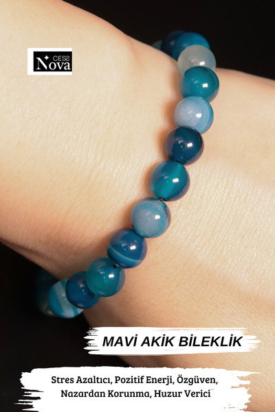 CessNova Sertifikalı %100 Orijinal Mavi Akik 8 Mm Doğal Taş Bileklik