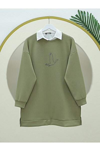 Modamorfo Khaki Osyho Tunic - Bird Pattern and Stone Detail