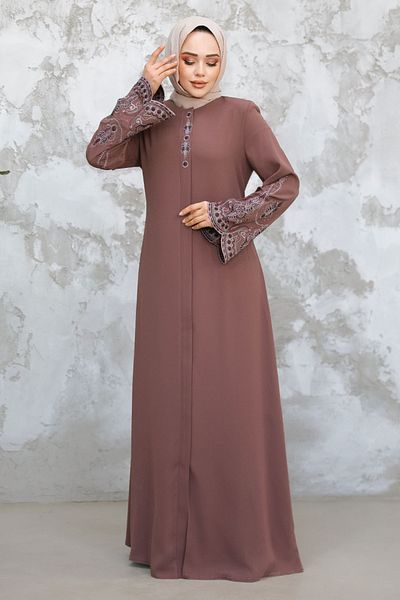 Neva Style Dusty Rose 98221Gk Patterned Turkey Representative Embroidery Abaya