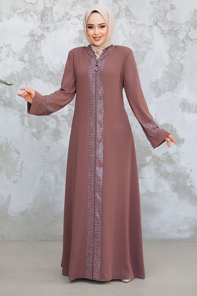 Neva Style Patterned Striped Dusty Rose Hijab Abaya 18004Gk