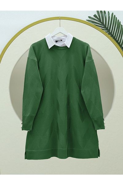 Modamorfo Zigzag Patterned Slit Knitwear Tunic - Green