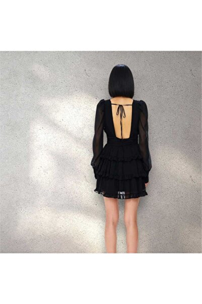 LÜKSERA Quzu Kadın Siyah Mini Elbise - Dekolteli, Sırt Detaylı, Tül Kumaş Şık Gece Elbisesi