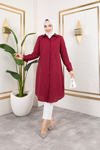 Eliva Women's Burgundy Long Sleeve Collar Buttoned Long Hijab Tunic