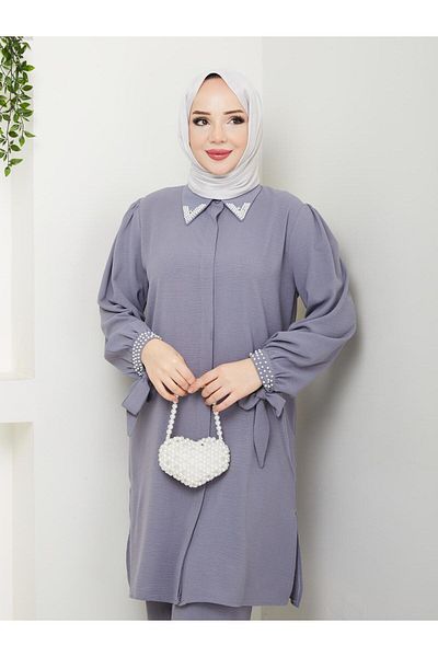 asyadabutik Large Size Double Hijab Set with Pearl Beaded Collar and Cuffs