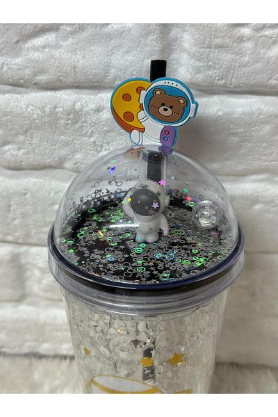 Zizu Colorful Mica Lighted Double Layer Glass Water Bottle with Straw 500 ml