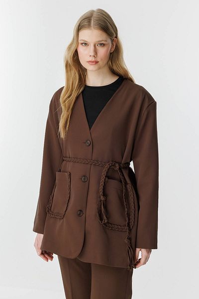 Hooopstore Meri Knitted Rope Detailed Coffee Jacket Set