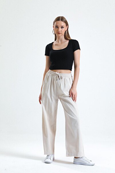 Miss Murem Kare Yaka Saç Örgü Crop T-shırt-SİYAH