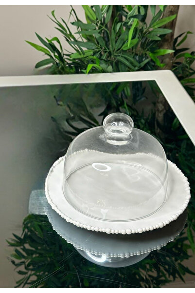 KRD Home Boncuklu Tabaklı Porselen Cam Fanus Kapaklı Kek Fanusu Pasta Kurabiy...