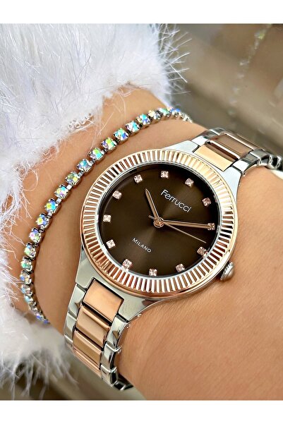 Ferrucci FERRUCCİ TAŞ RAKAMLI SİYAH KADRANLI ROSE GÜMÜŞ METAL KADIN KOL SAATİ
