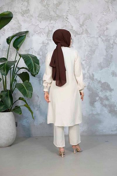 Neva Style Set de două piese hijab crem cu mâneci plisate 51991KR