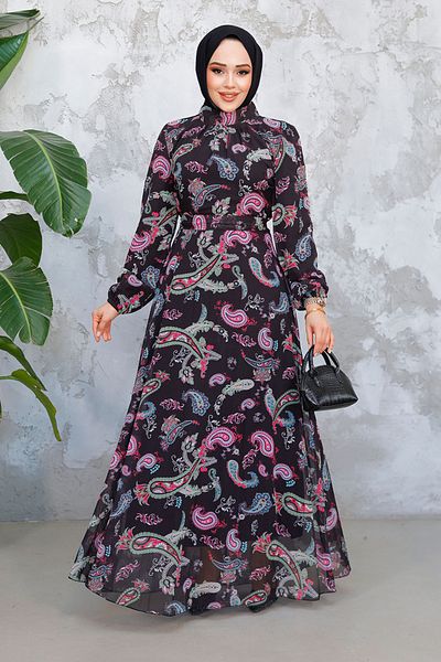 Neva Style Φόρεμα Hijab με μοτίβο λουλουδιών μαύρο φούξια 52681SF