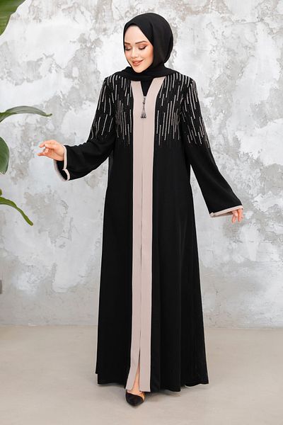 Neva Style Patterned Black Beige Hijab Abaya 15079Sbej