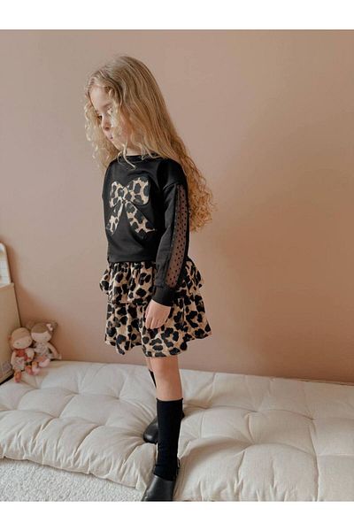 YİGİT BUTİK Set de jos și de sus pentru fete Yigit Boutique cu fustă leopard imprimată cu fundă
