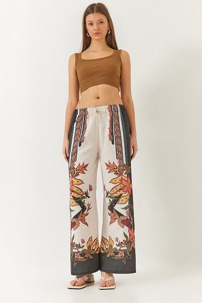 Bianco Lucci Women's Elastic Waist Lacing Detailed Patterned Flowy Palazzo Trousers 60261416