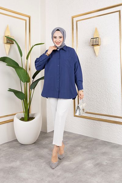 Eliva Cămașă Hijab pentru femei, albastru închis, cu mânecă lungă, cu un singur buzunar