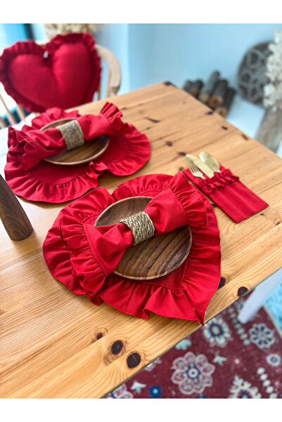 KaiHome 4lü Lovely Keten Kumaş Fırfırlı Kırmızı Peçete