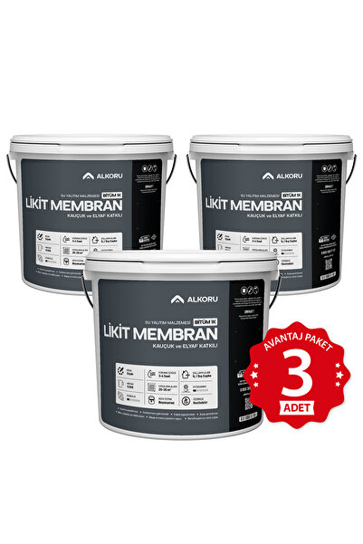 ALKORU 3 Adet 13 KG Bitüm 1K Likit Membran Kauçuk ve Elyaf Katkılı Sıvı Su Ya...