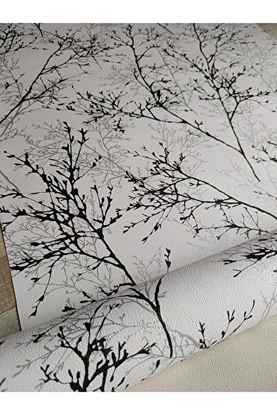 KMS HOME Beyaz Üzerine Siyah Gümüş Dallı Silinebilir Duvar Kağıdı 5 M²