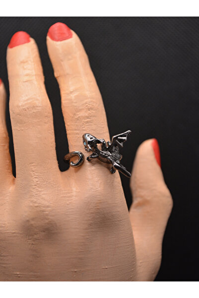 DiceLand Gotik Gümüş Yüzük – Sevimli Ejderha Tasarımlı Ayarlanabilir Yüzük Ta...
