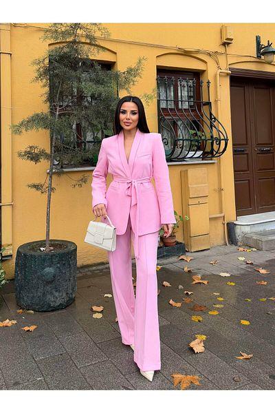 Ekim Store Women's Double Belted Blazer Jacket Pants Set