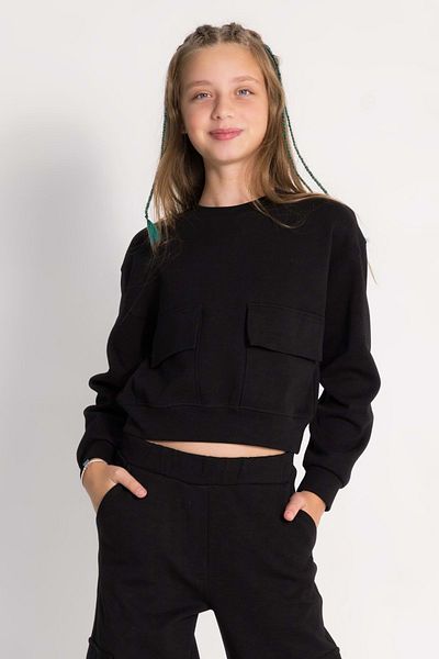 Waka Waka Crop Sweat pentru fete - Culoare uni, cu buzunar pentru capac și nervuri în talie