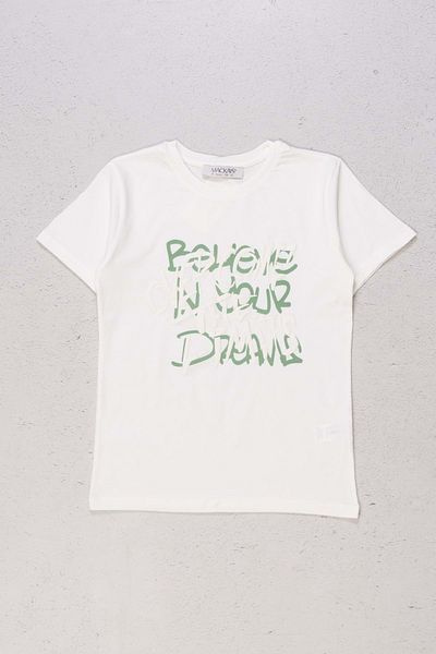 wakawakakidsstore Tricou pentru fete cu imprimeu cu litere în relief cu gâtul rotund - 9 ANI