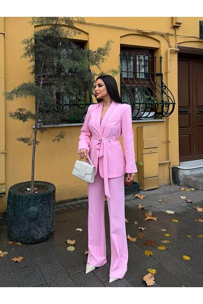 Ekim Store Women's Double Belted Blazer Jacket Pants Set