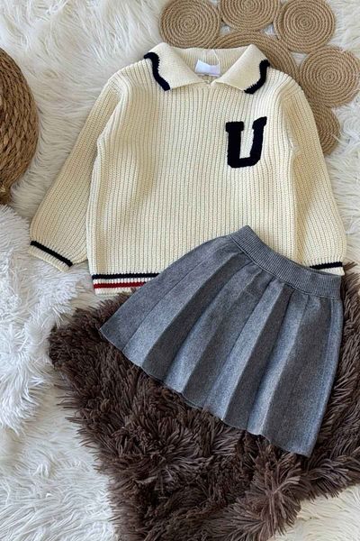 wakawakakidsstore Shirt Collar Knitwear Braided Skirt Girl's Set