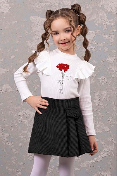 ww waka waka kids store Girl's Suit with Velvet Shorts and Skirt and Shoulder Detail