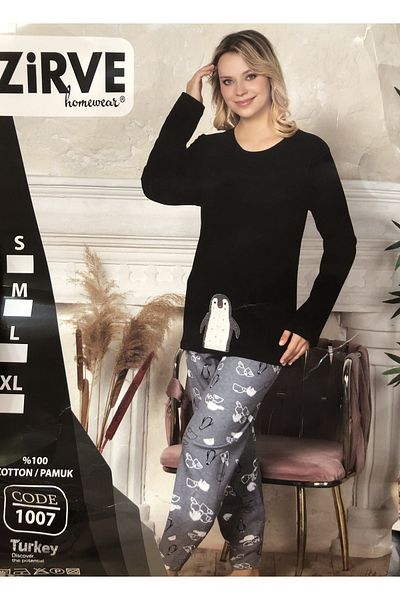 Zirve Black Interlock Winter Long Sleeve Pajamas Set - 1007
