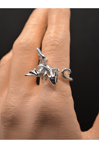 DiceLand Gotik Gümüş Yüzük – Sevimli Ejderha Tasarımlı Ayarlanabilir Yüzük Ta...