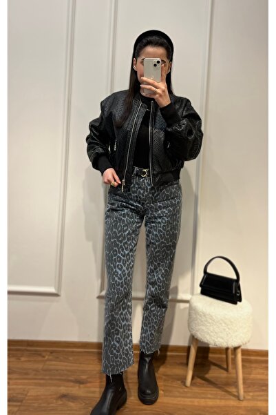 Zims Butik Siyah Tasarım Desenli Deri Ceket