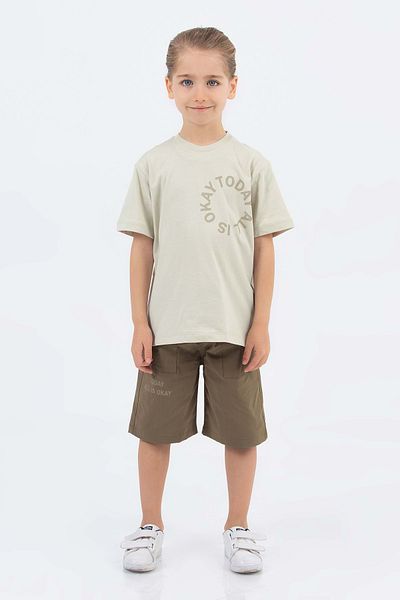 wakawakakidsstore Boy's Suit with Printed Front and Back Parachute Fabric Shorts - Beige - 7-8 Years