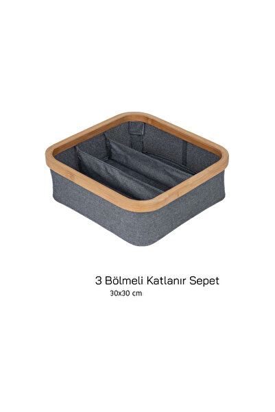 AROW ÇIRAĞAN HOME BAMBU KENARLI KUMAŞ 3 BÖLMELİ ÇAMAŞIR SEPETİ & ORGANİZER & DÜZENLEYİCİ
