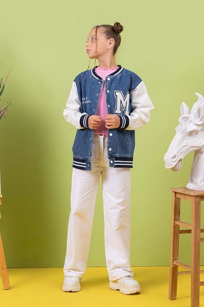 ww waka waka kids store Girls Crew Neck Front Button Denim College Cardigan - Indigo - 6-7 Years