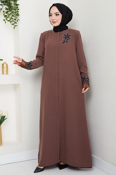 hafsamina Large Size Lace Stone Embroidery Detailed Ferace Tan Hm2029